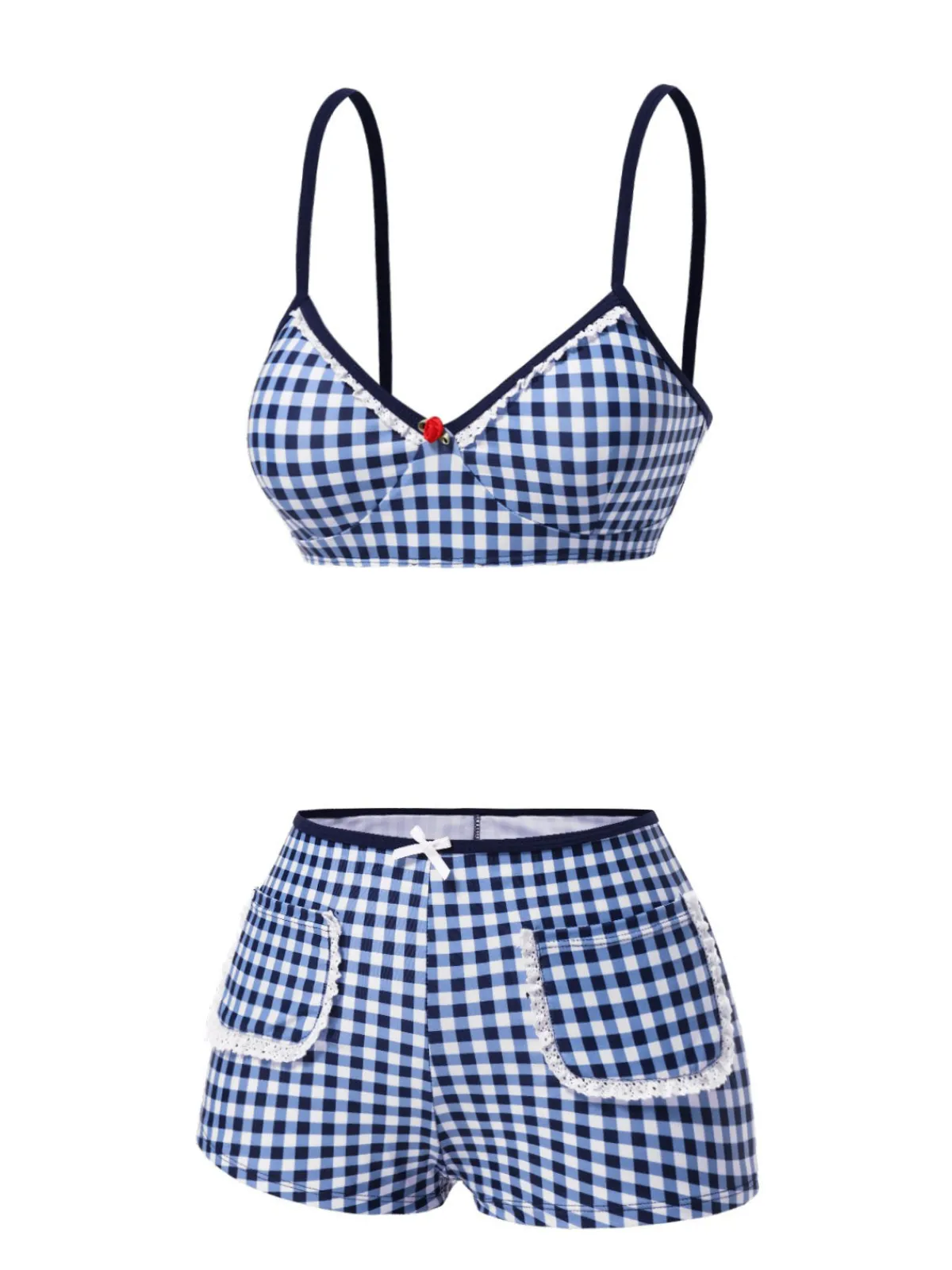 New Retro Stage Blue 1930s Rose Gingham Plaid Straps Swimsuit Deep Blue