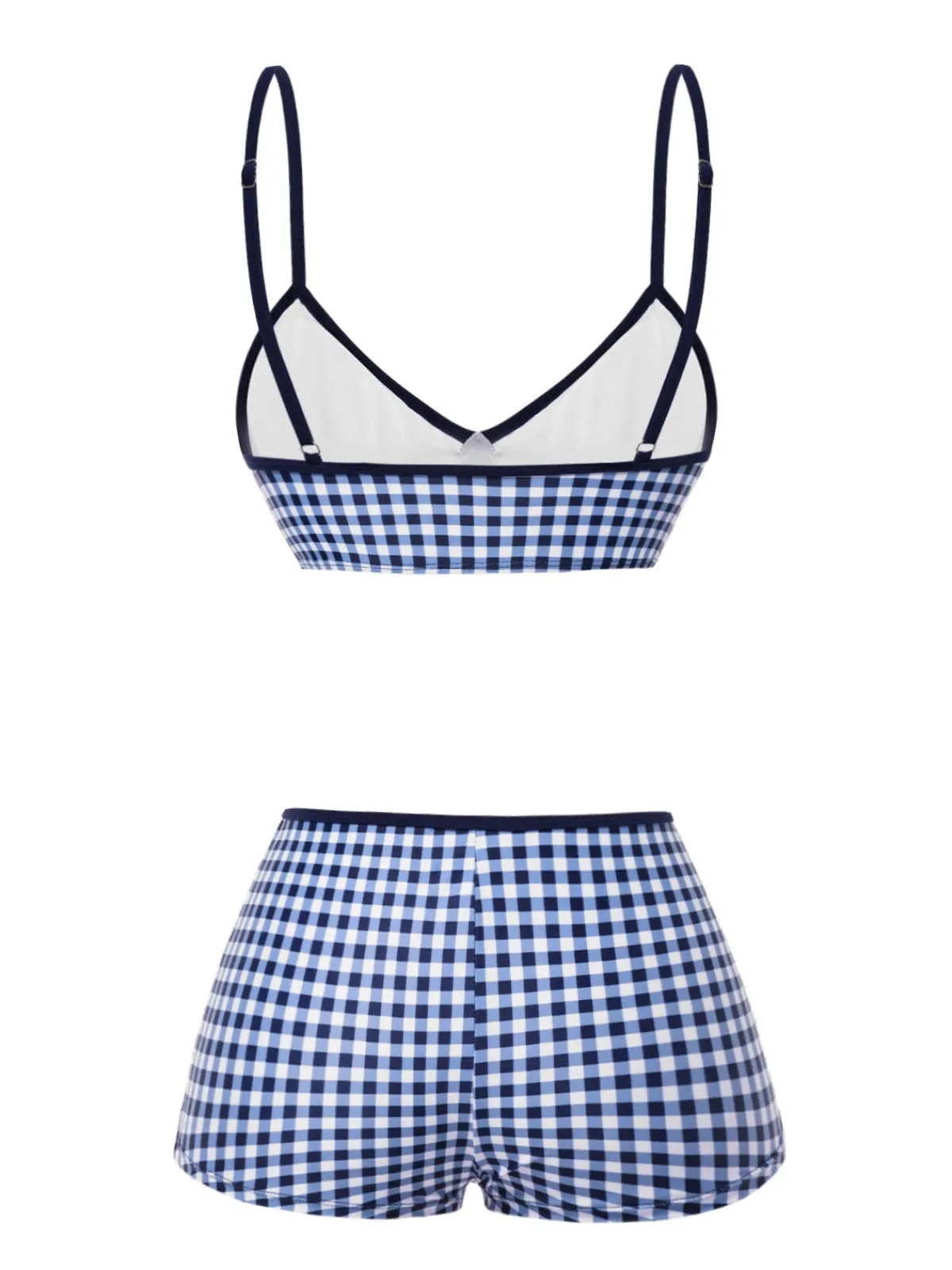 New Retro Stage Blue 1930s Rose Gingham Plaid Straps Swimsuit Deep Blue