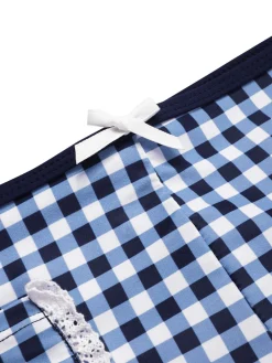 New Retro Stage Blue 1930s Rose Gingham Plaid Straps Swimsuit Deep Blue