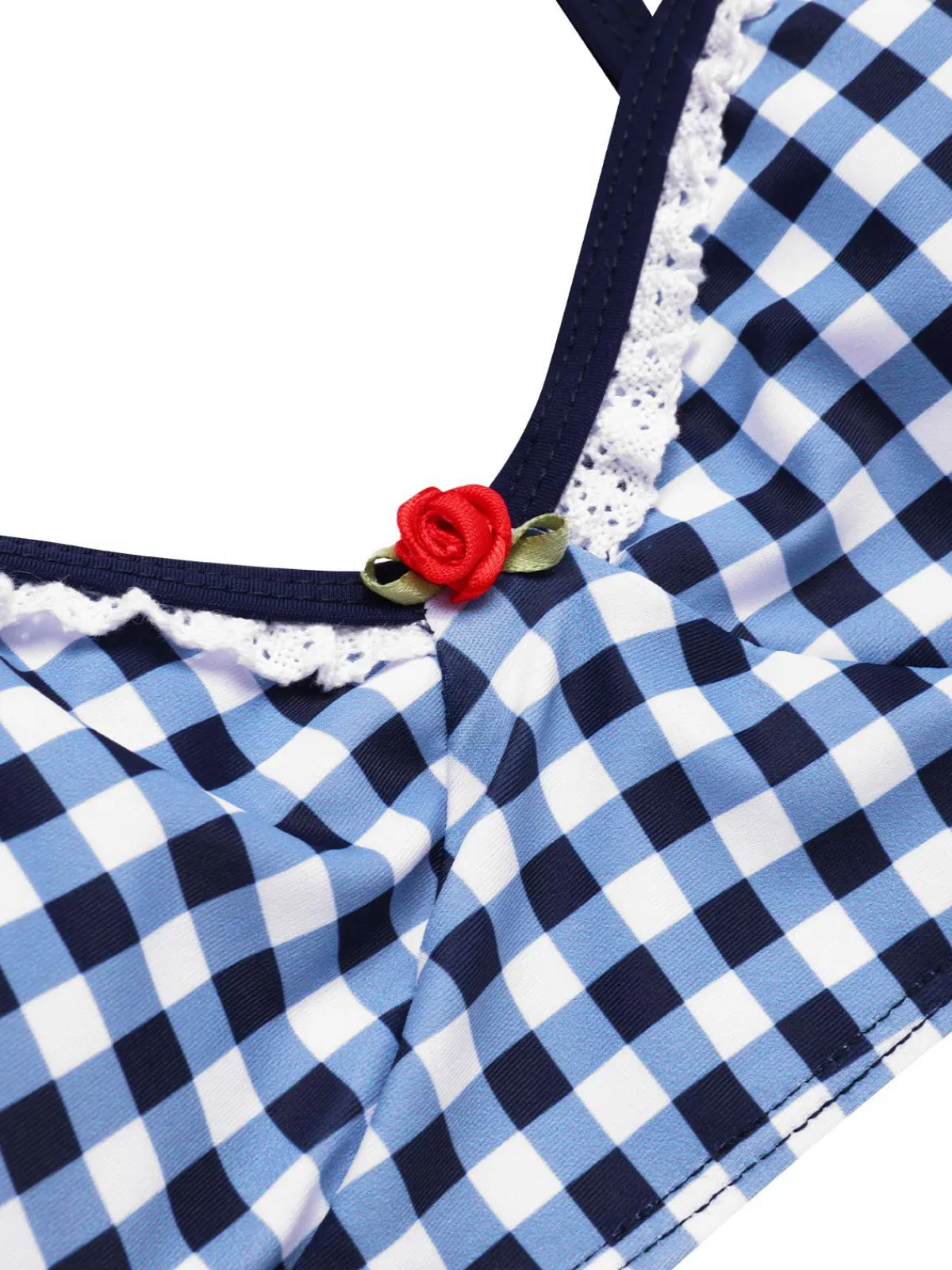 New Retro Stage Blue 1930s Rose Gingham Plaid Straps Swimsuit Deep Blue