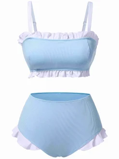 Discount Retro Stage 1950s Ruffled Strap Swimsuit Blue