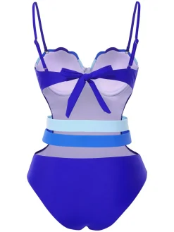 Clearance Retro Stage 1950s Seashell Hollow One-Piece Swimsuit Blue