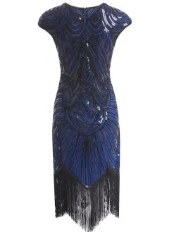 New Retro Stage 1920s Sequin Beaded Fringed Dress Blue