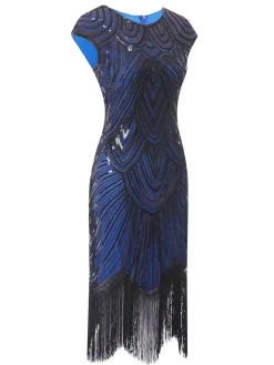 New Retro Stage 1920s Sequin Beaded Fringed Dress Blue