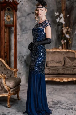 Online Retro Stage 1920s Sequin Maxi Dress Blue