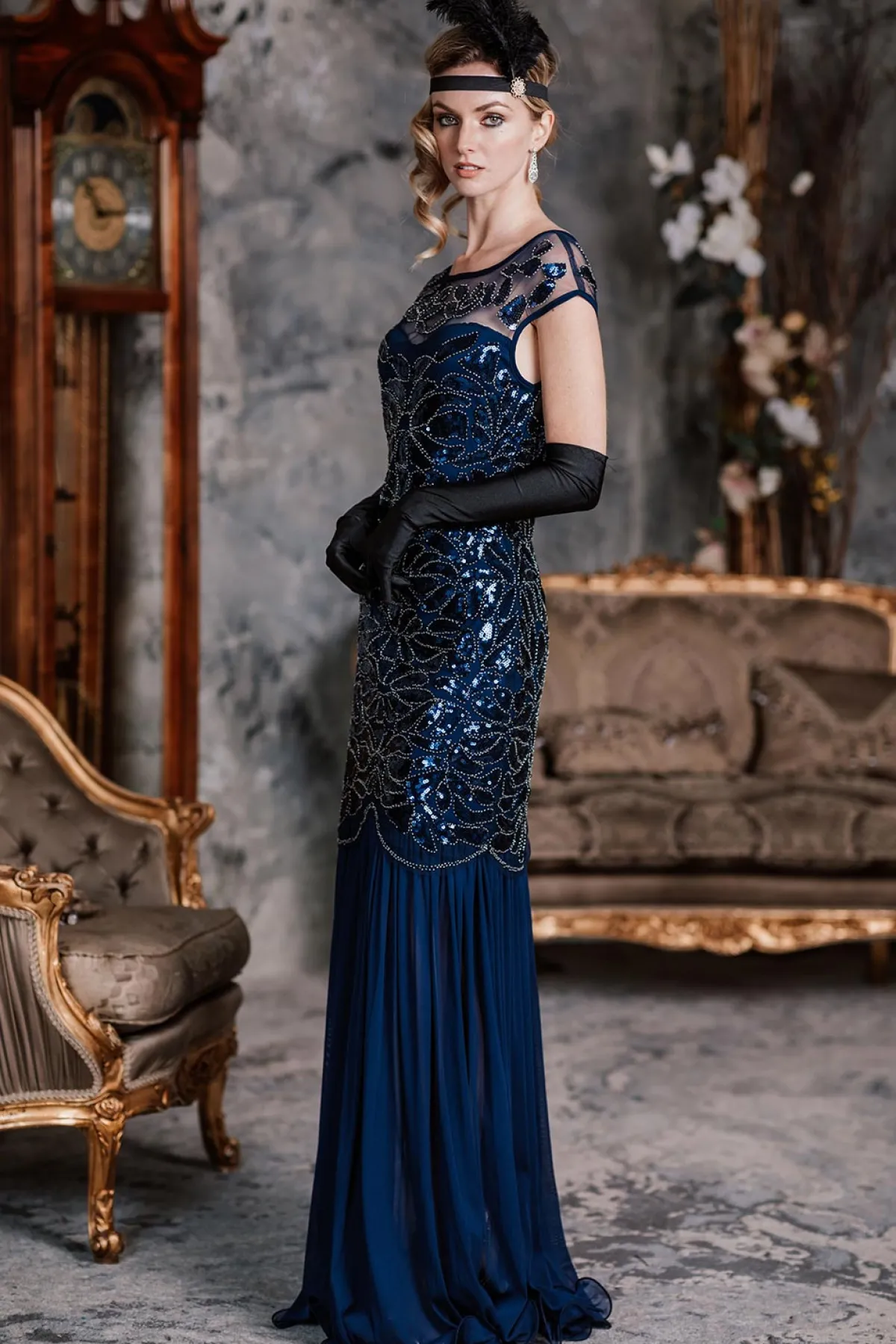 Online Retro Stage 1920s Sequin Maxi Dress Blue