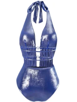 Discount Retro Stage 1970s Shimmery Halter Pearl One-Piece Swimsuit Blue