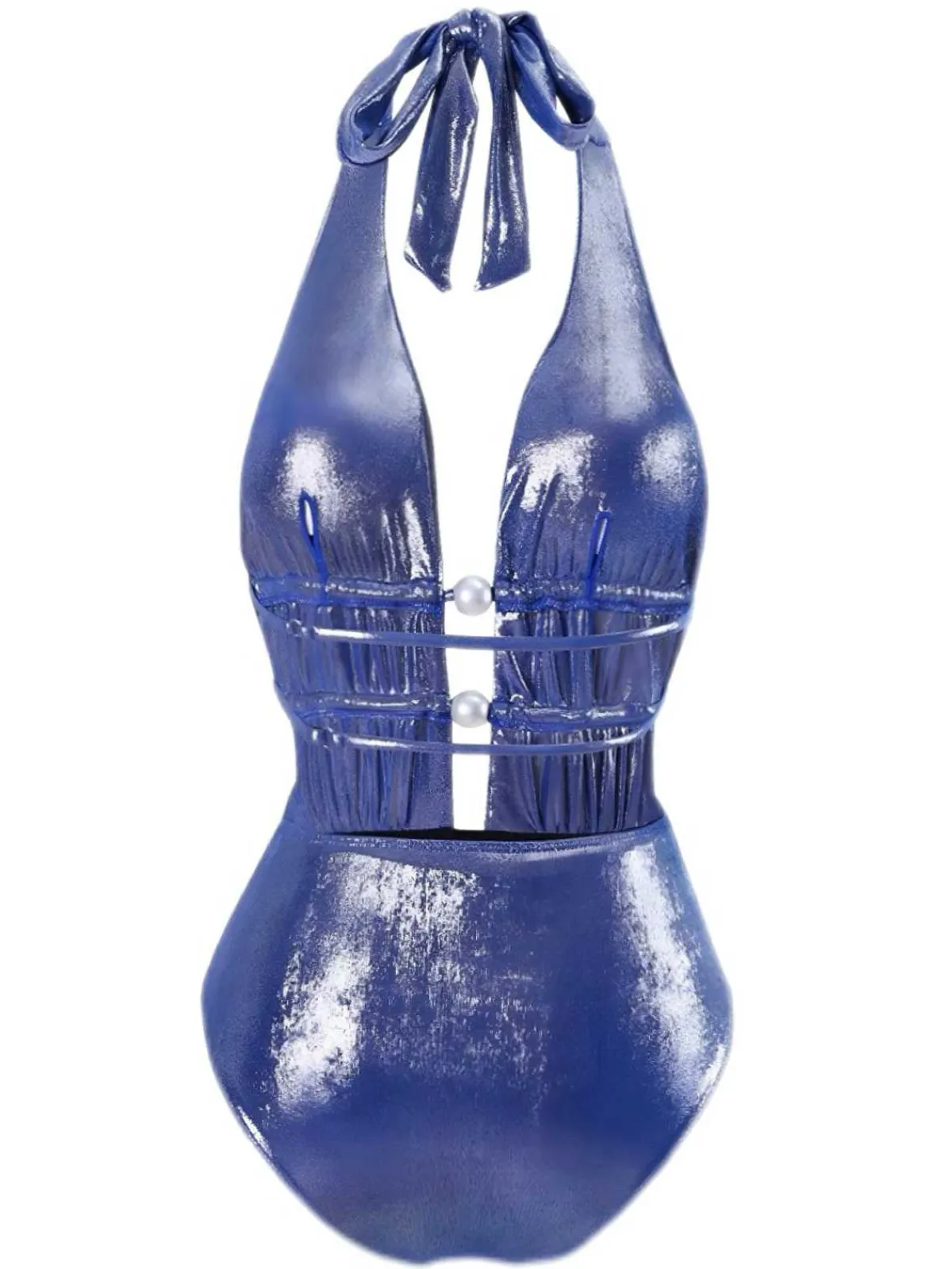 Discount Retro Stage 1970s Shimmery Halter Pearl One-Piece Swimsuit Blue