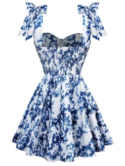 New Retro Stage 1960s Shoulder Tie Floral Skater Dress Blue