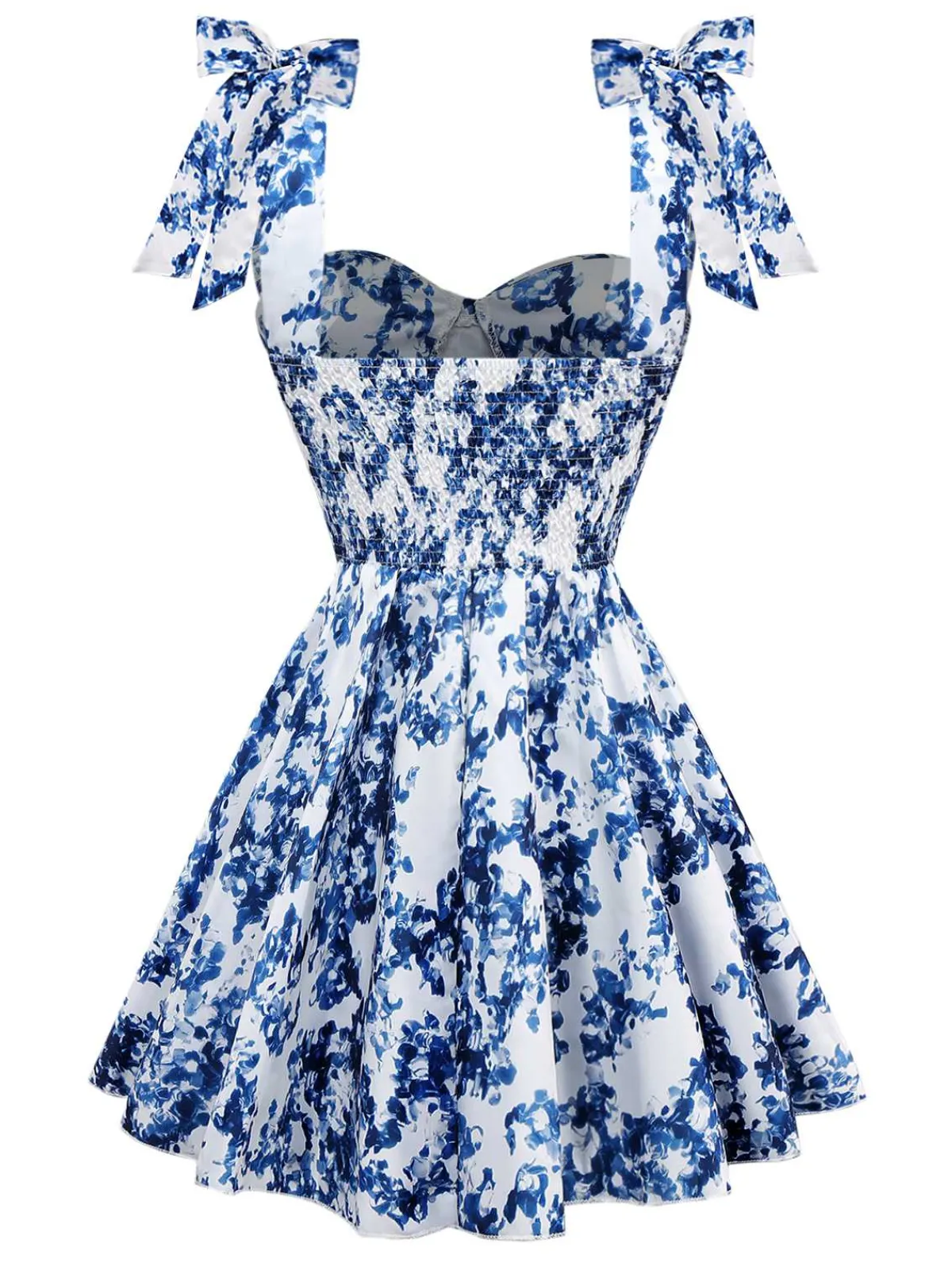 New Retro Stage 1960s Shoulder Tie Floral Skater Dress Blue
