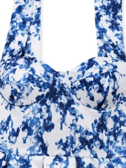 New Retro Stage 1960s Shoulder Tie Floral Skater Dress Blue