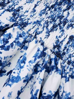 New Retro Stage 1960s Shoulder Tie Floral Skater Dress Blue