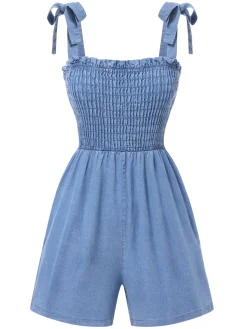 Best Retro Stage 1960s Shoulder Tie Smocked Denim Romper Blue