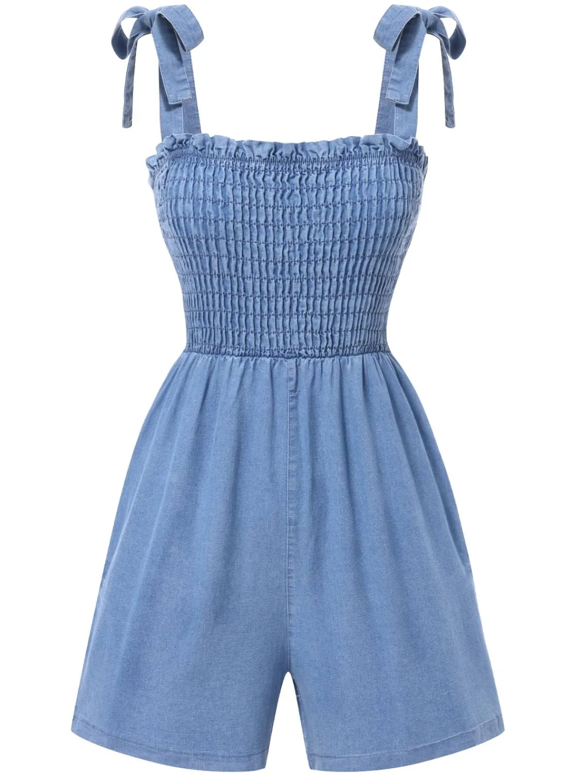 Best Retro Stage 1960s Shoulder Tie Smocked Denim Romper Blue