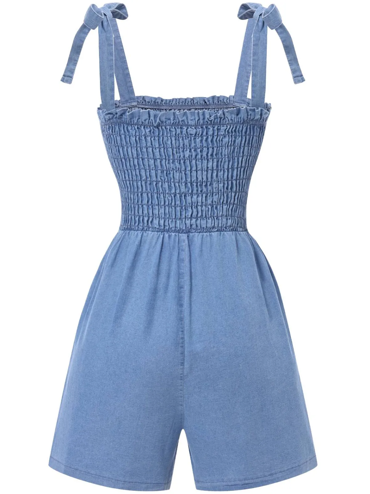 Best Retro Stage 1960s Shoulder Tie Smocked Denim Romper Blue