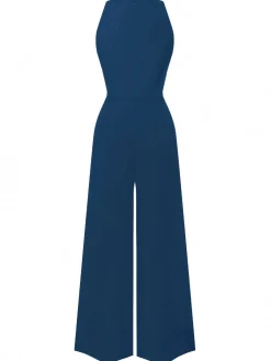 Discount Retro Stage Blue 1950s Sleeveless Buttoned Solid Jumpsuit