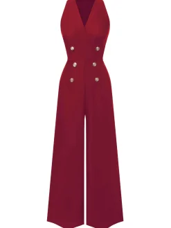 Discount Retro Stage Blue 1950s Sleeveless Buttoned Solid Jumpsuit