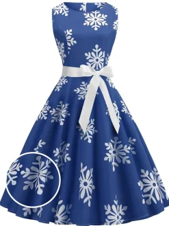 Sale Retro Stage 1950s Snowflake Bow Swing Dress Blue