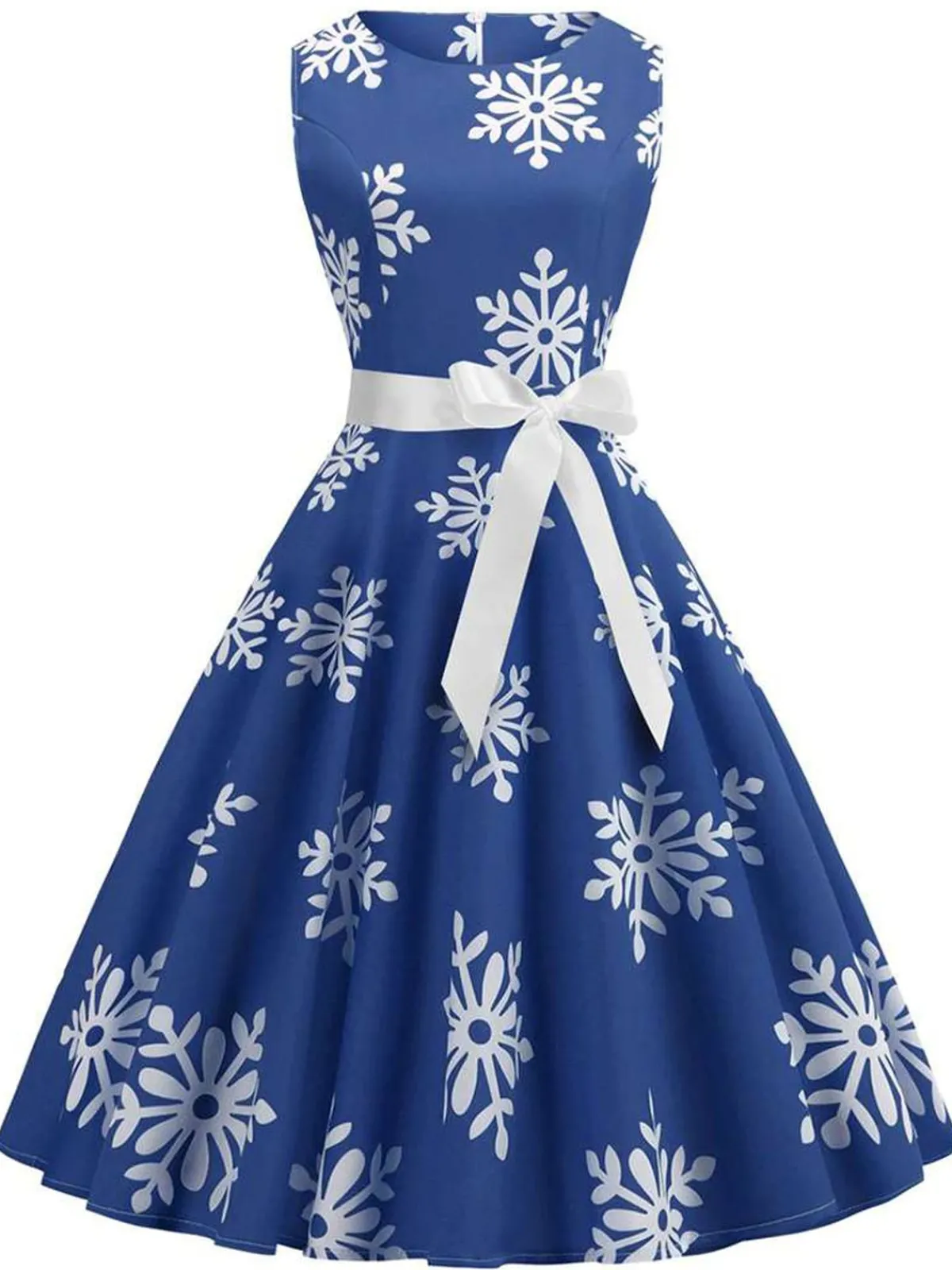 Sale Retro Stage 1950s Snowflake Bow Swing Dress Blue