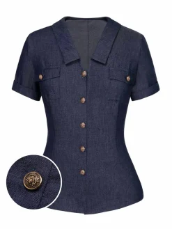 Sale Retro Stage 1940s Solid Button Lapel Blouse Blue
