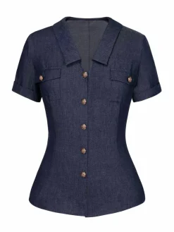 Sale Retro Stage 1940s Solid Button Lapel Blouse Blue