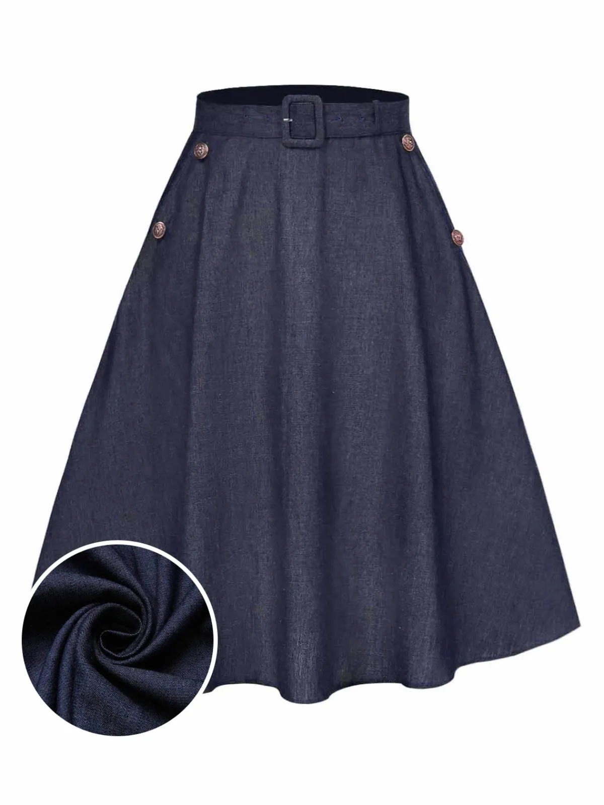 Fashion Retro Stage 1940s Solid Button Skirt WIth Belt Blue