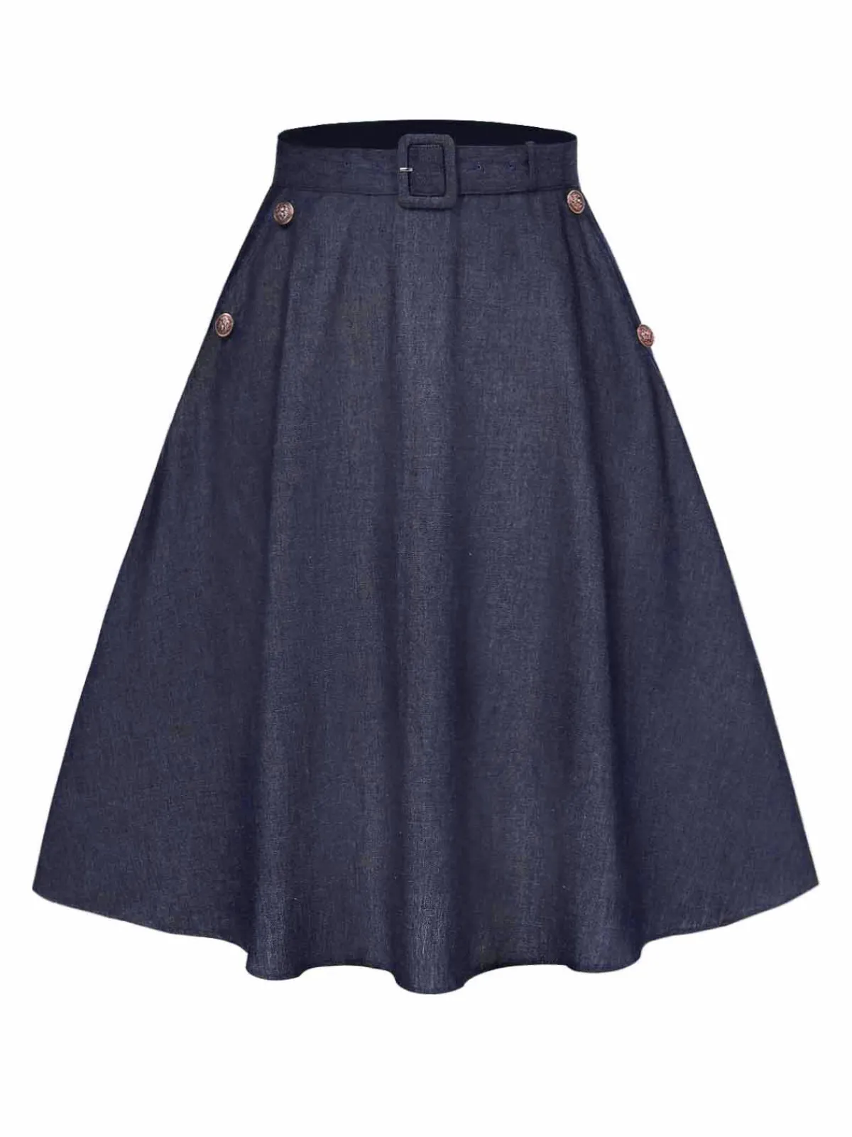 Fashion Retro Stage 1940s Solid Button Skirt WIth Belt Blue