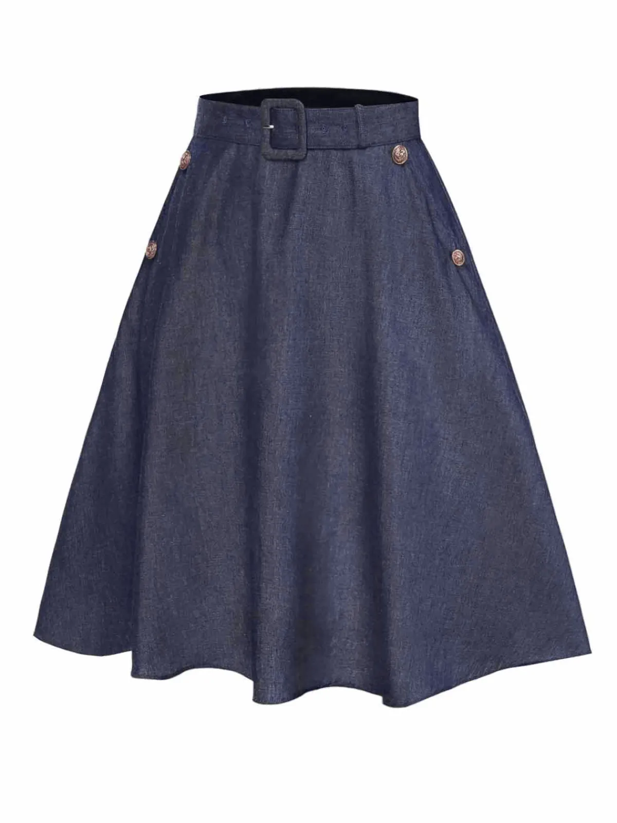 Fashion Retro Stage 1940s Solid Button Skirt WIth Belt Blue