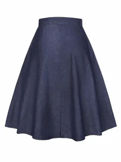 Fashion Retro Stage 1940s Solid Button Skirt WIth Belt Blue