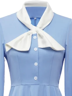 Hot Retro Stage 1950s Solid Button Swing Dress Blue