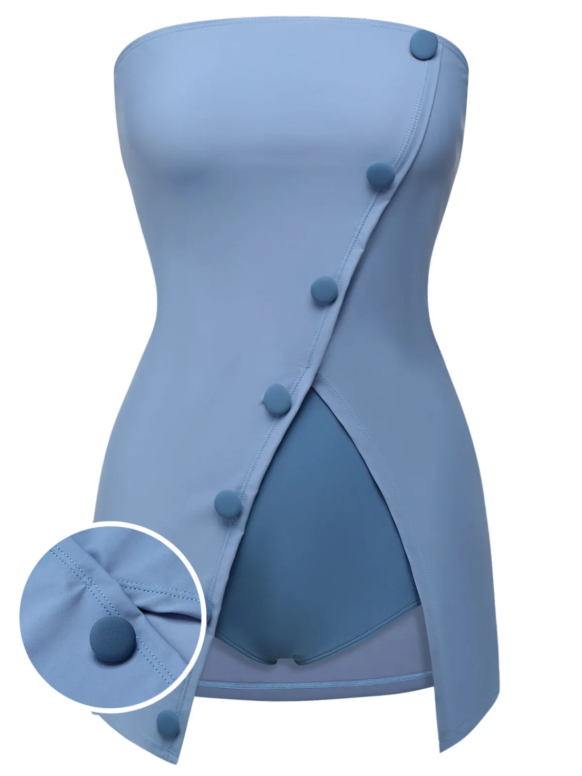 Clearance Retro Stage 1930s Solid Buttoned Bandeau Swimsuit Blue
