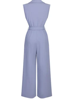 Best Retro Stage 1950s Solid Cap Sleeves Lapel Jumpsuit Blue