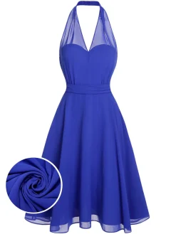 Discount Retro Stage 1950s Solid Chiffon Halter Dress Blue