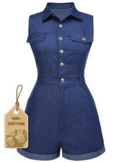 Online Retro Stage Blue 1970s Solid Cotton Sleeveless Denim Romper