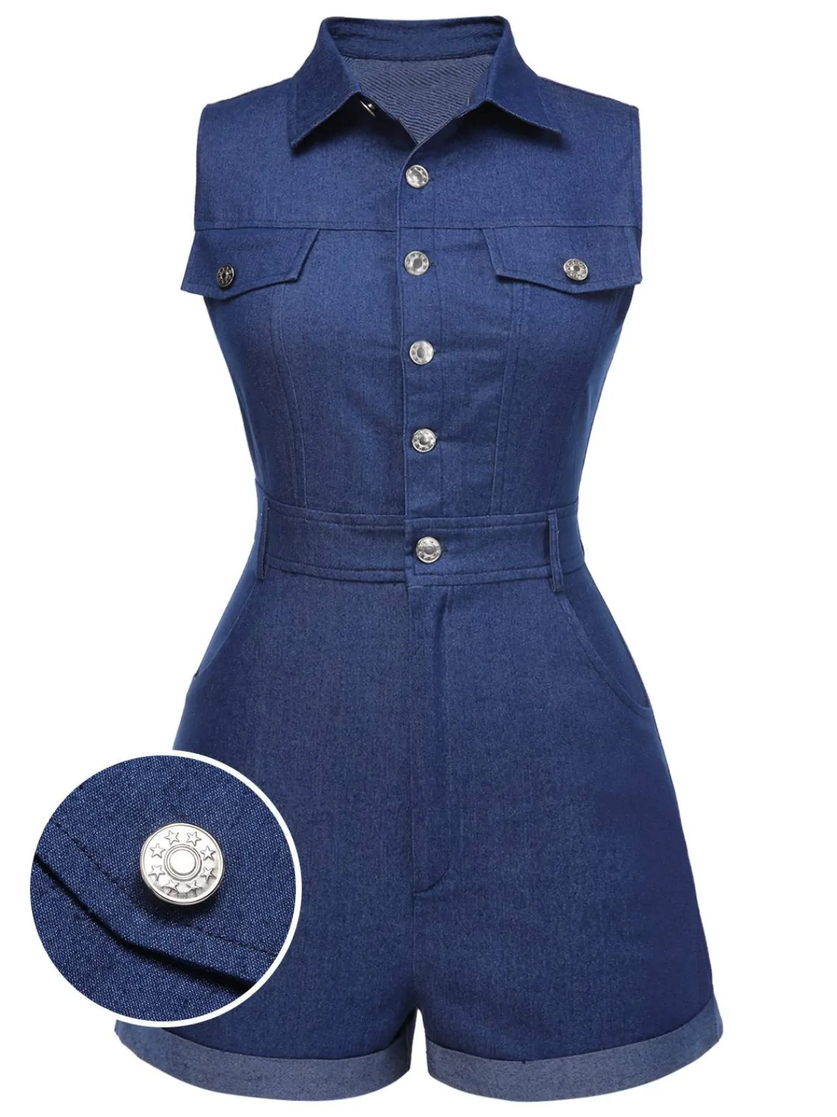 Online Retro Stage Blue 1970s Solid Cotton Sleeveless Denim Romper