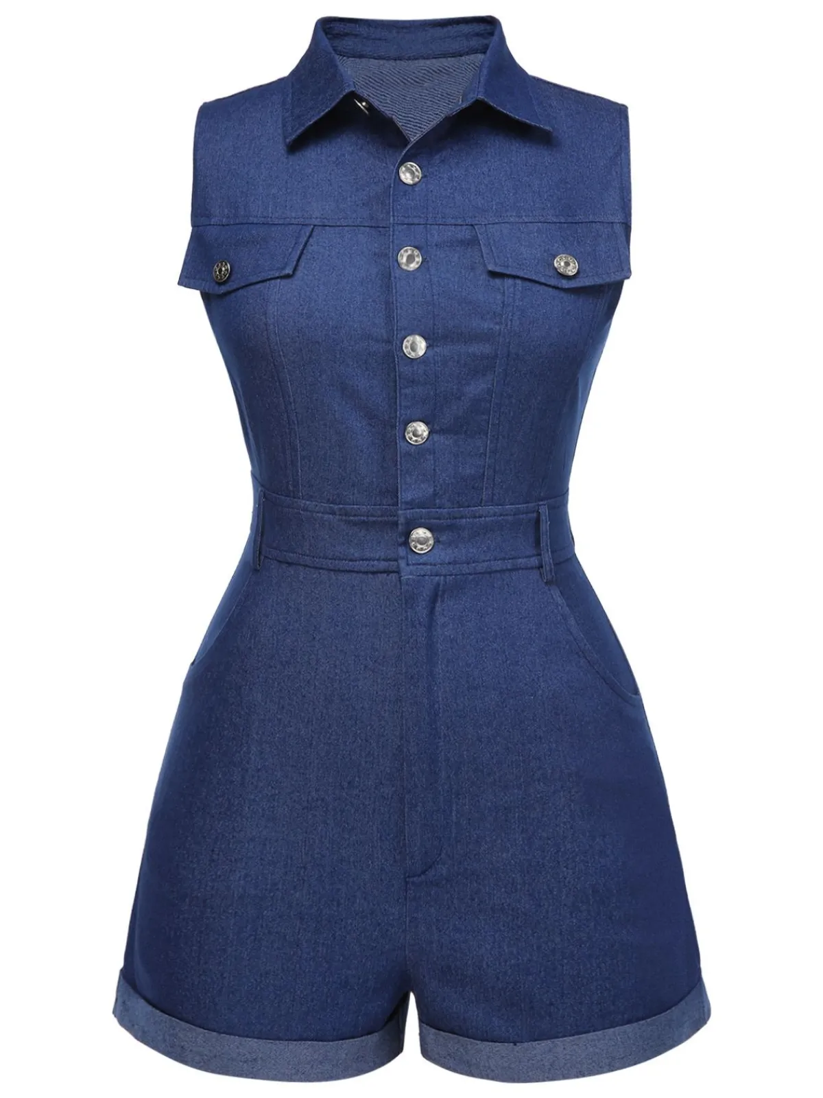 Online Retro Stage Blue 1970s Solid Cotton Sleeveless Denim Romper