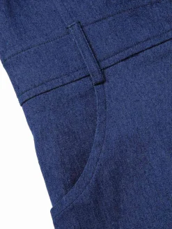 Online Retro Stage Blue 1970s Solid Cotton Sleeveless Denim Romper