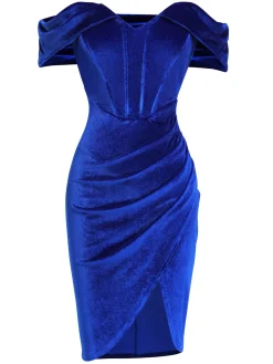 Best Retro Stage 1960s Solid Drop Shoulder Velvet Dress Blue