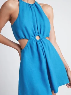 Sale Retro Stage 1970s Solid Hollow Sleeveless Romper Blue
