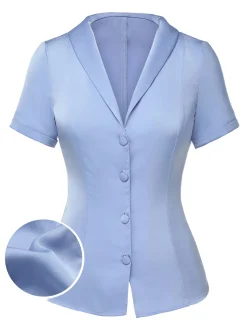 Fashion Retro Stage 1950s Solid Lapel Blouse Blue