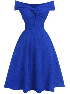 Sale Retro Stage 1950s Solid Off-Shoulder Dress Blue