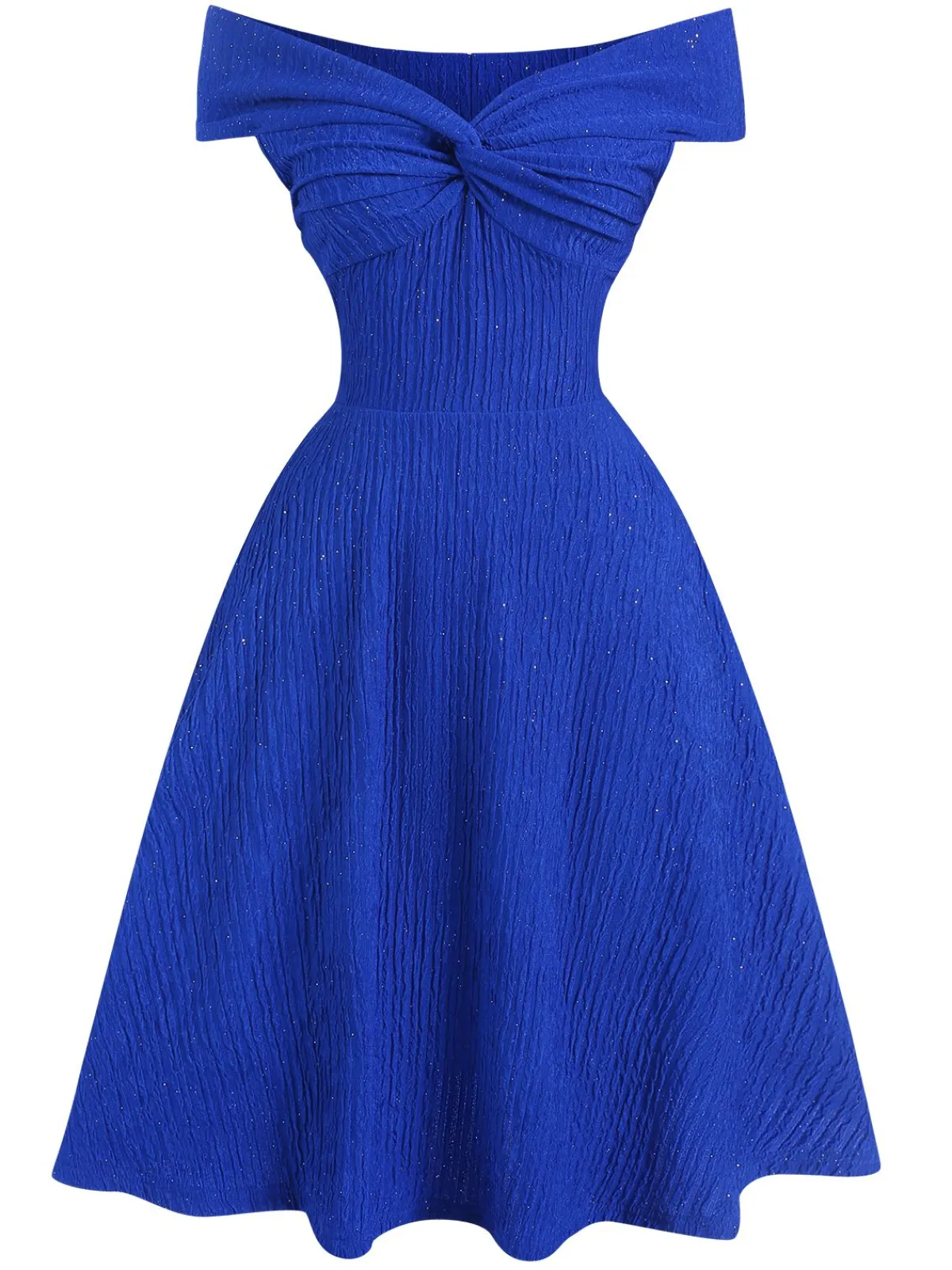 Sale Retro Stage 1950s Solid Off-Shoulder Dress Blue