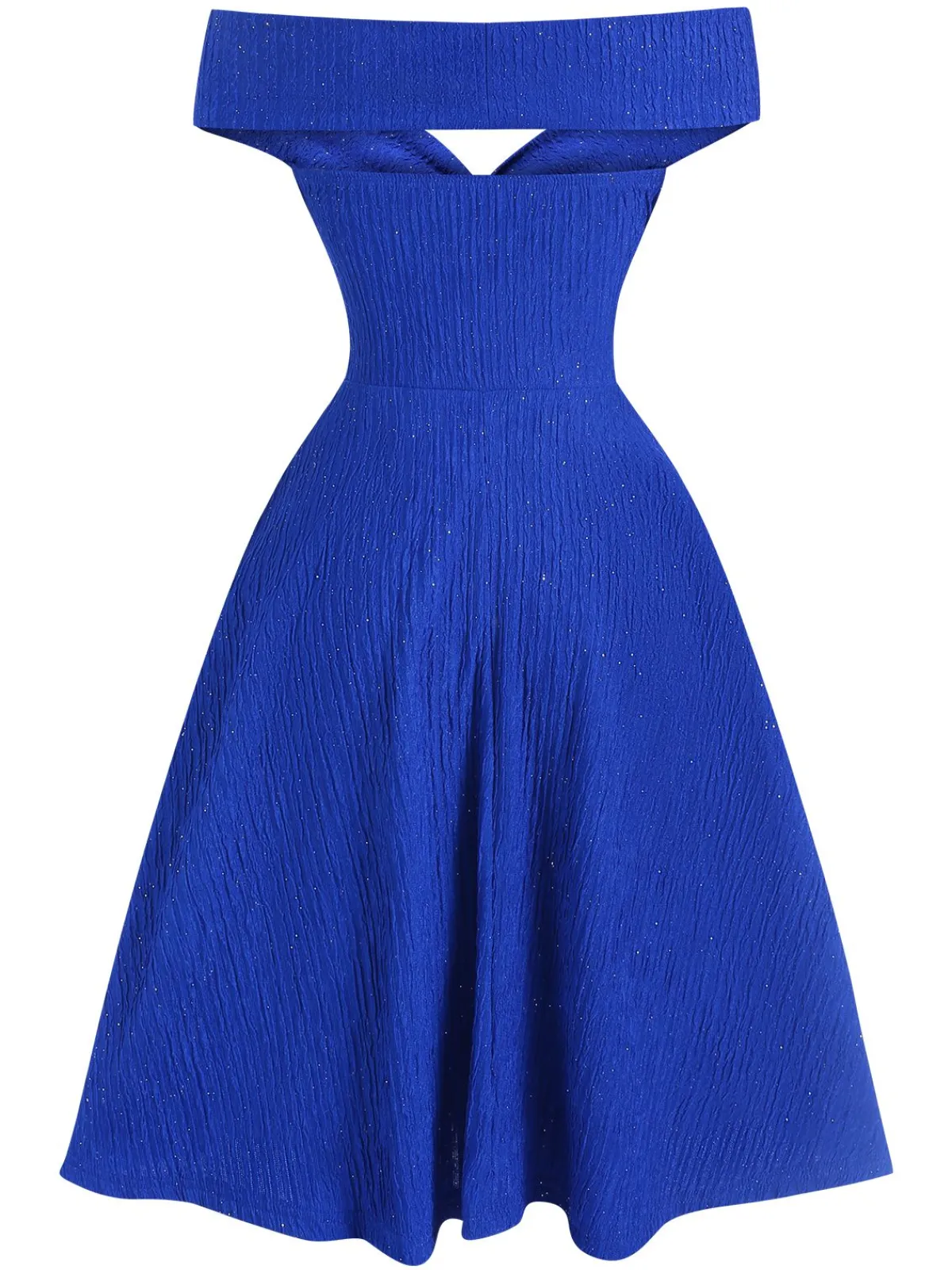 Sale Retro Stage 1950s Solid Off-Shoulder Dress Blue