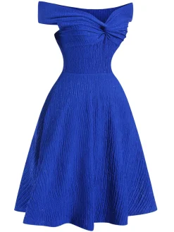 Sale Retro Stage 1950s Solid Off-Shoulder Dress Blue