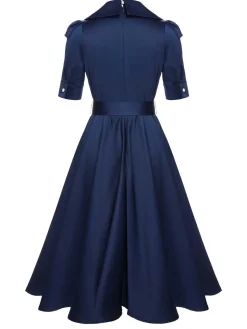 Discount Retro Stage 1940s Solid Short Sleeves Lapel Dress Blue