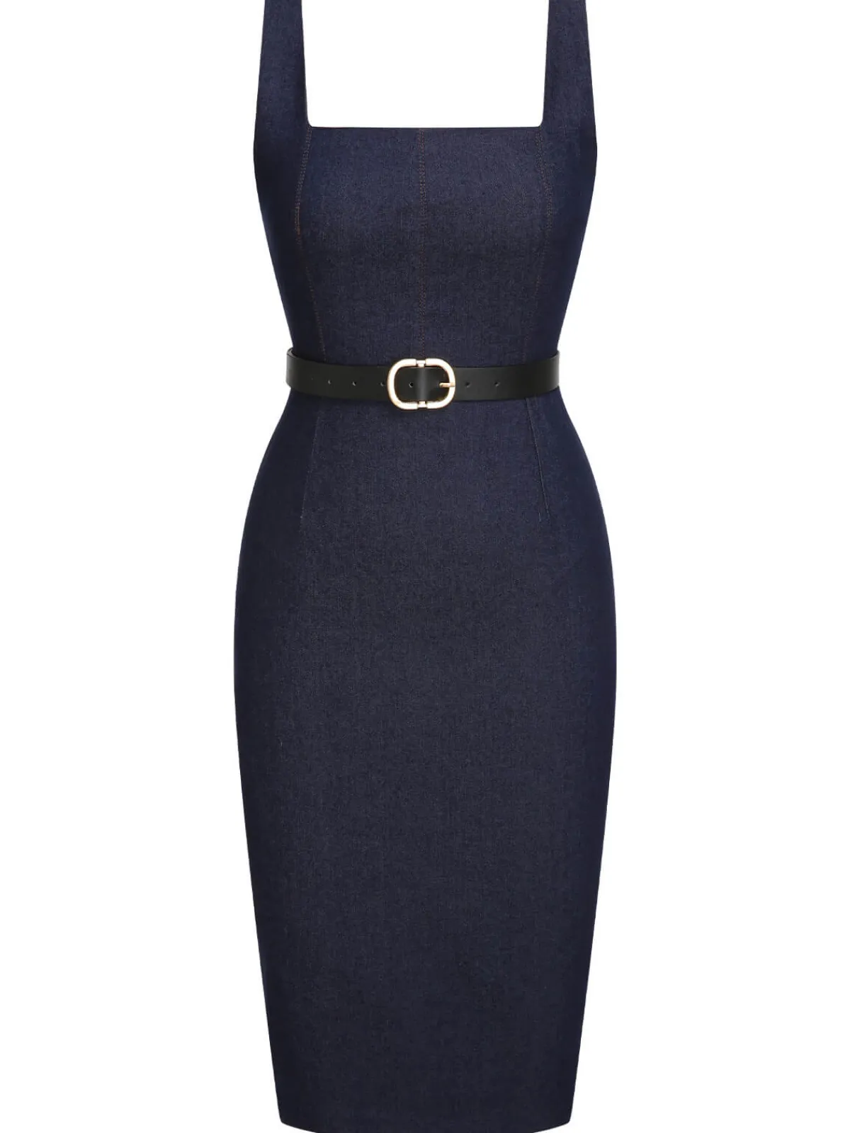 Sale Retro Stage 1960s Solid Square Neck Cowboy Dress Blue