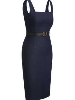 Sale Retro Stage 1960s Solid Square Neck Cowboy Dress Blue