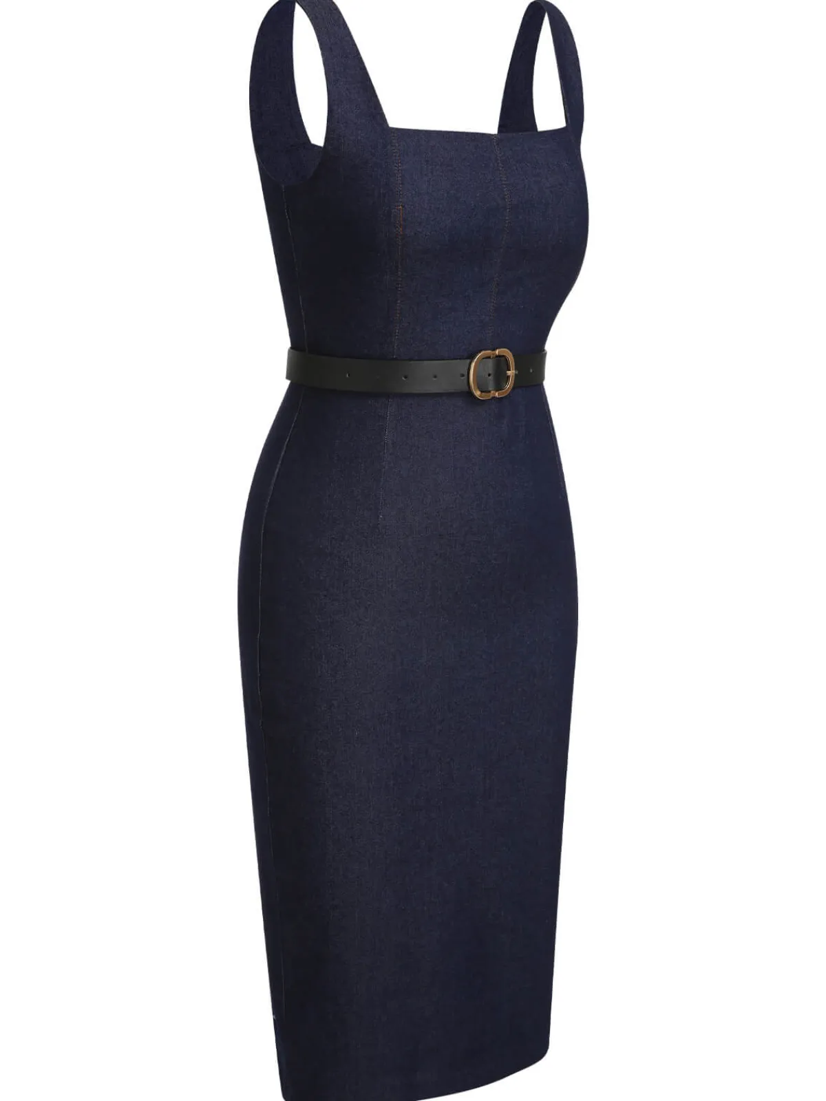 Sale Retro Stage 1960s Solid Square Neck Cowboy Dress Blue