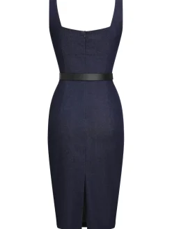Sale Retro Stage 1960s Solid Square Neck Cowboy Dress Blue