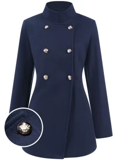 Clearance Retro Stage Blue 1940s Solid Stand Collar Double Breasted Coat Dark Blue